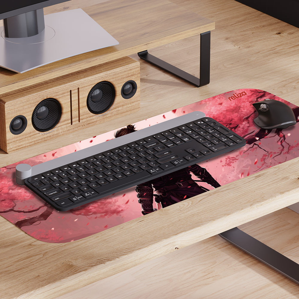 Mouse Pad Gamer 30x70cm, Neoprene Legítimo, Base Antiderrapante, Reliza - Estampa Samurai em Sakura