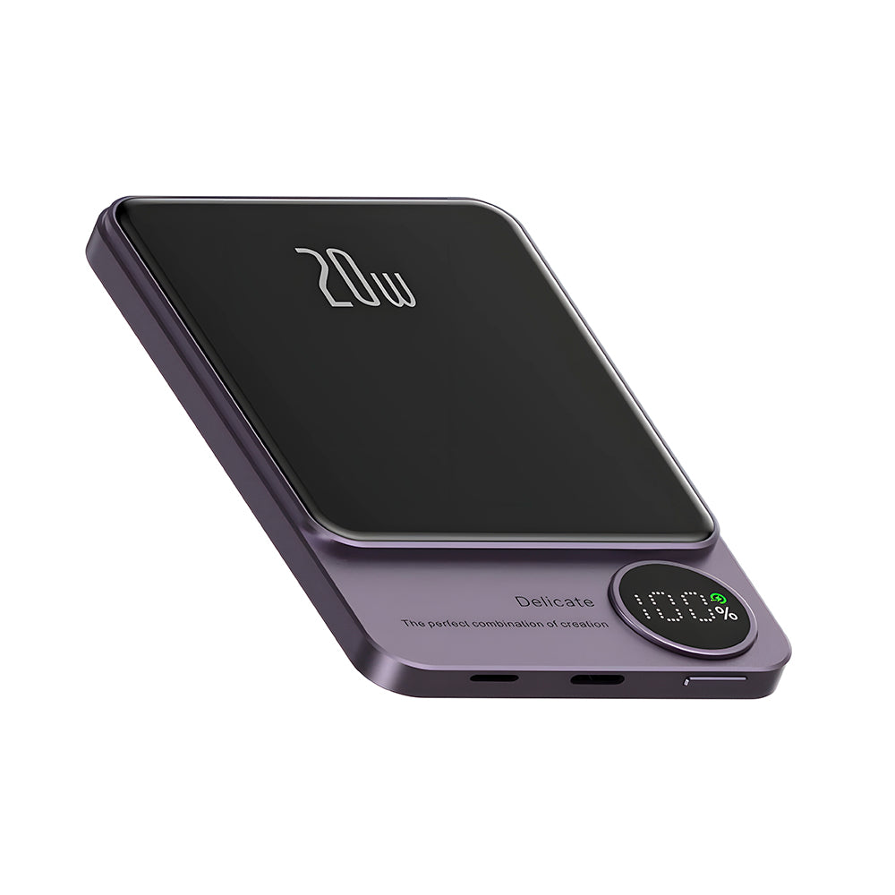 Carregador Portatíl Power Bank Magnetico 10000mAh Com Cabo USB-C, Uma Entrada USB e Uma Entrada USB-C - Roxo