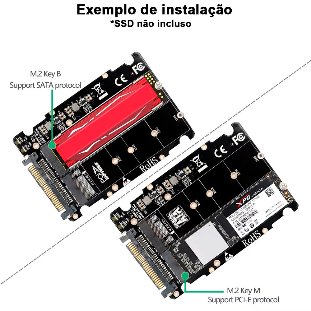 Placa Adadptadora 2 em 1, M.2 NVMe e M.2 SATA Para SSD U.2 - SFF-8639