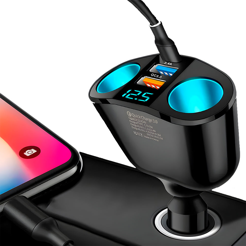 Carregador Veicular C/2 Entradas QC 3.0, 1 Entrada USB-C 2.4A, 2 Entradas P/ Carregador Veicular e Display Digital