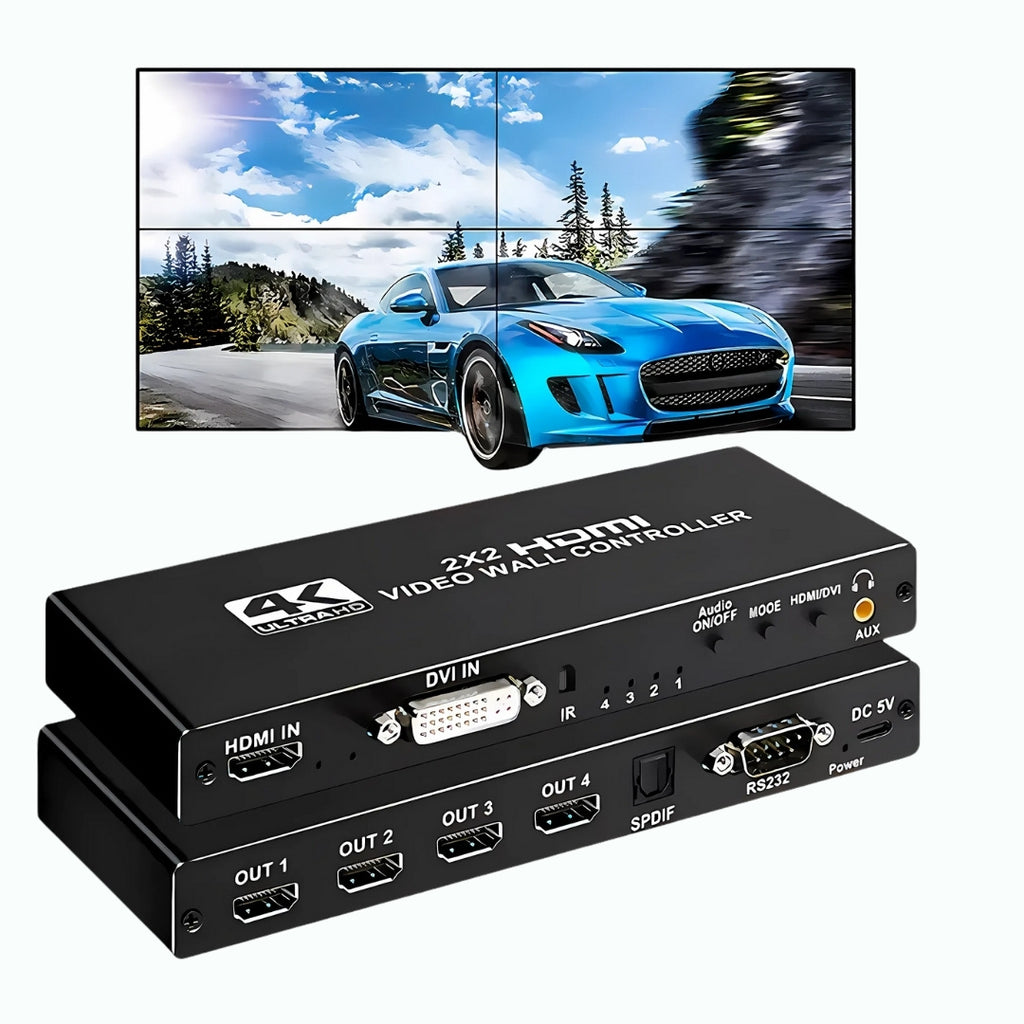 Controlador Vídeo Wall 2x2, Até 4K Full HD, HDMI, Divide 1 Imagem em 4 Telas, Fácil Instalação - Preto