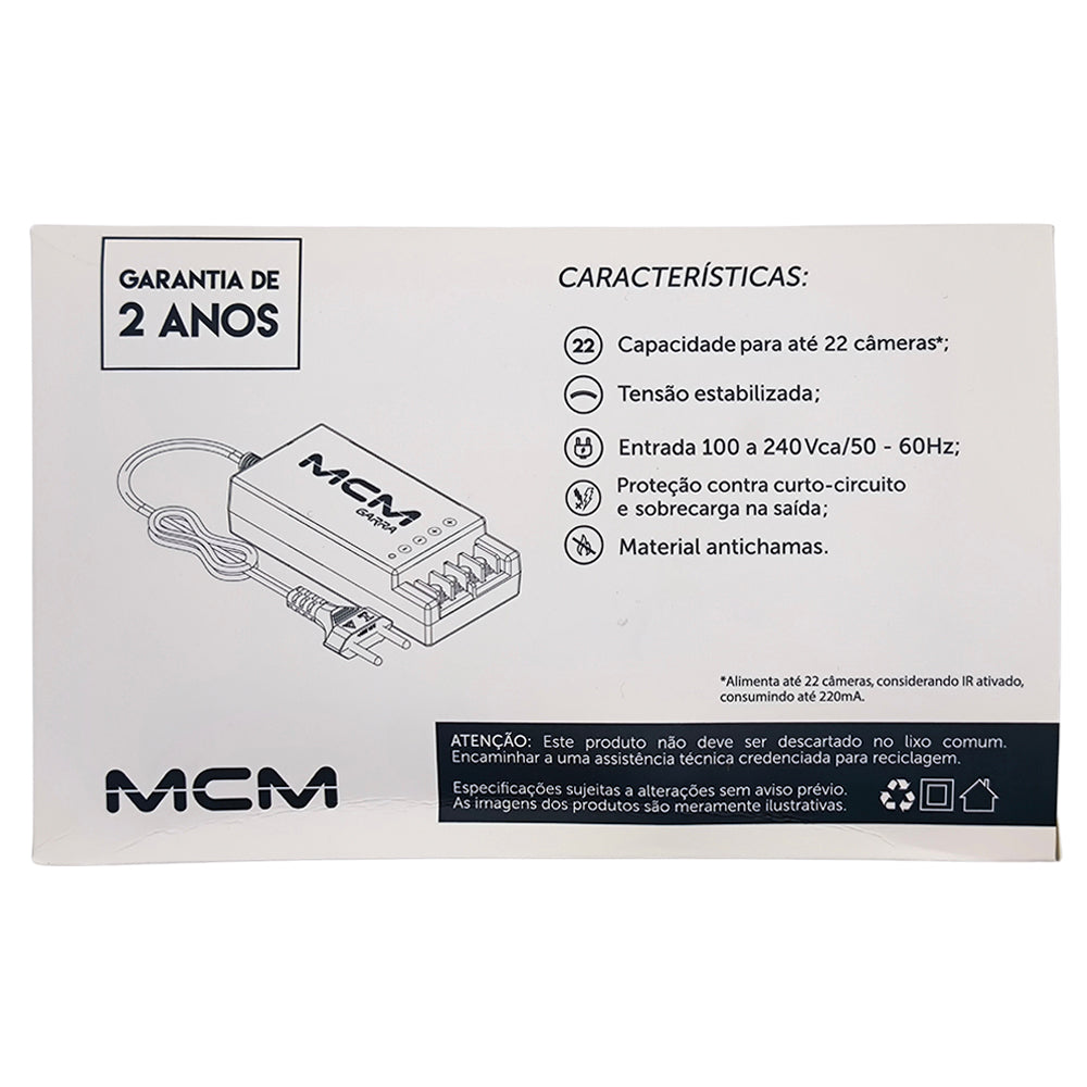 Fonte de Energia 12V8 5A Garra, Para Câmeras de Segurança, CFTV, MCM, FON1378-RS-2