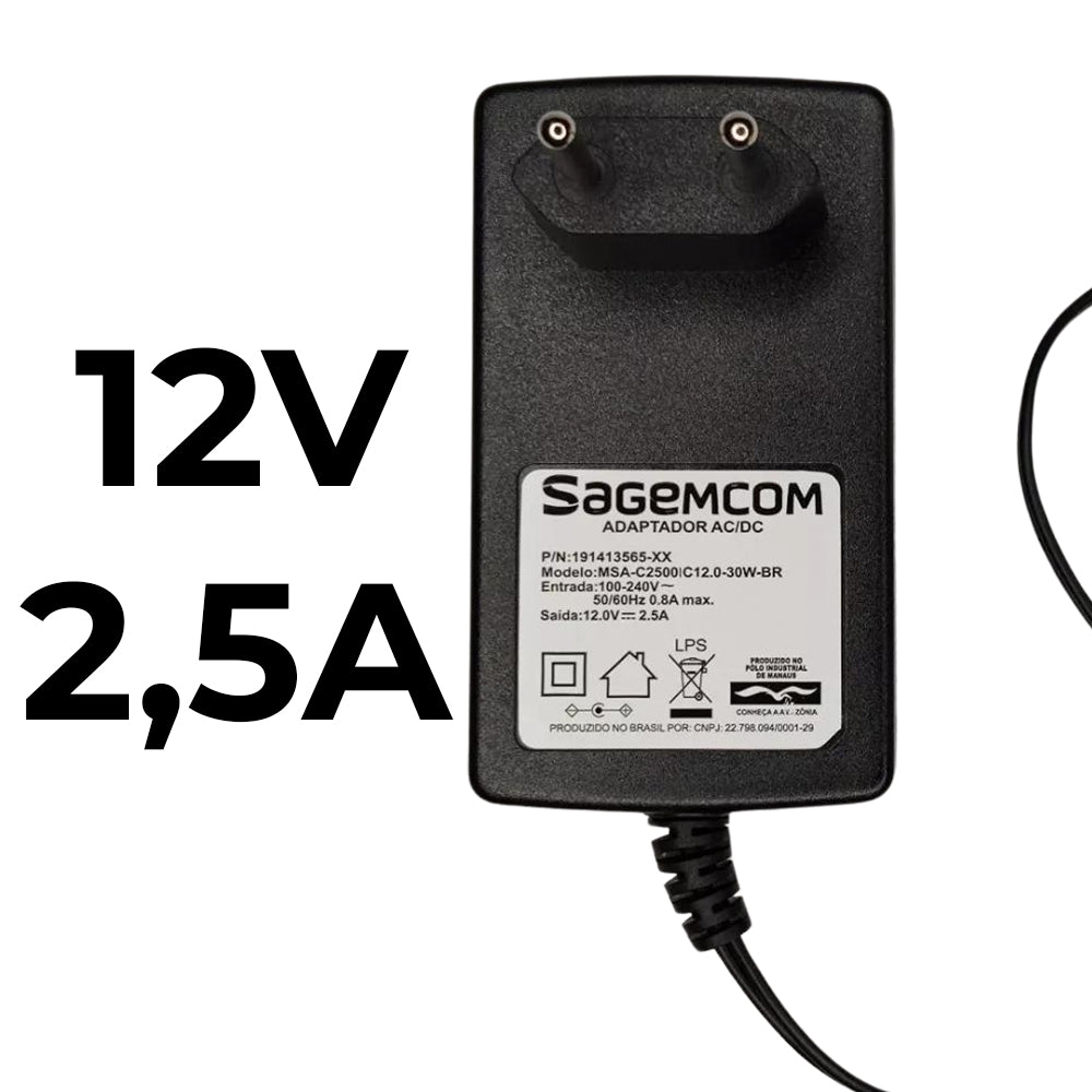 Fonte de Alimentação 12V 2.5A Pino 5,5mm x 3,5mm - Modelo: MSA-C2500IC12.0-30W-BR