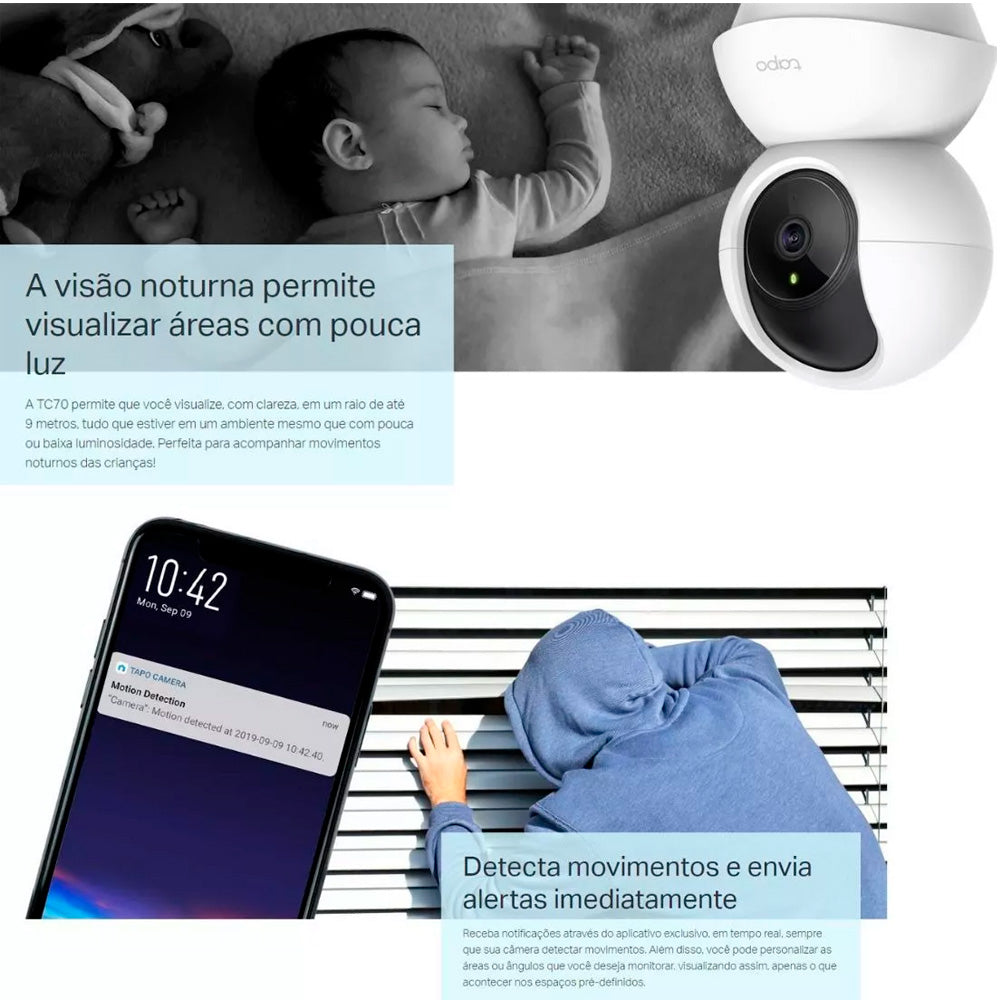 Câmera de Segurança TP-LINK Interna, Tapo TC70, Wi-Fi, 1080P FHD, Visão 360°, Visão Noturna - Branco