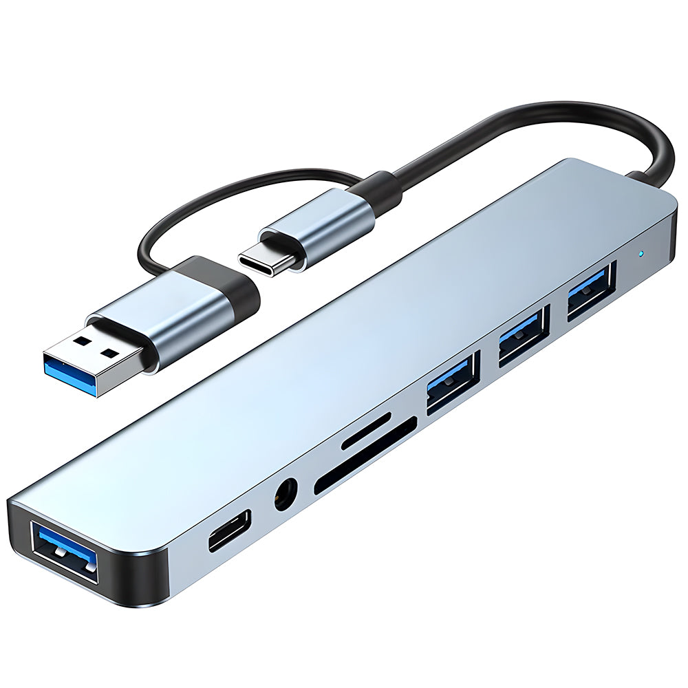 HUB USB 8 em 1, Com Leitor de Cartão, Porta USB-C, USB 3.0 / 2.0, Leitor de Cartão SD/TF, Cinza