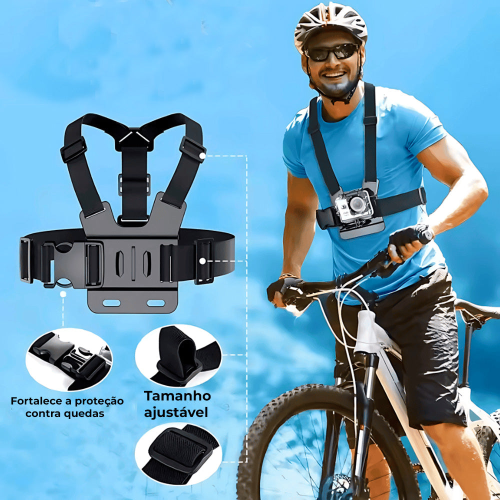 Kit Suporte Para Celular e Câmeras GoPro, 6 Peças, Suporte de Peito e Cabeça, Ajustável, Estabilidade Reforçada, Preto