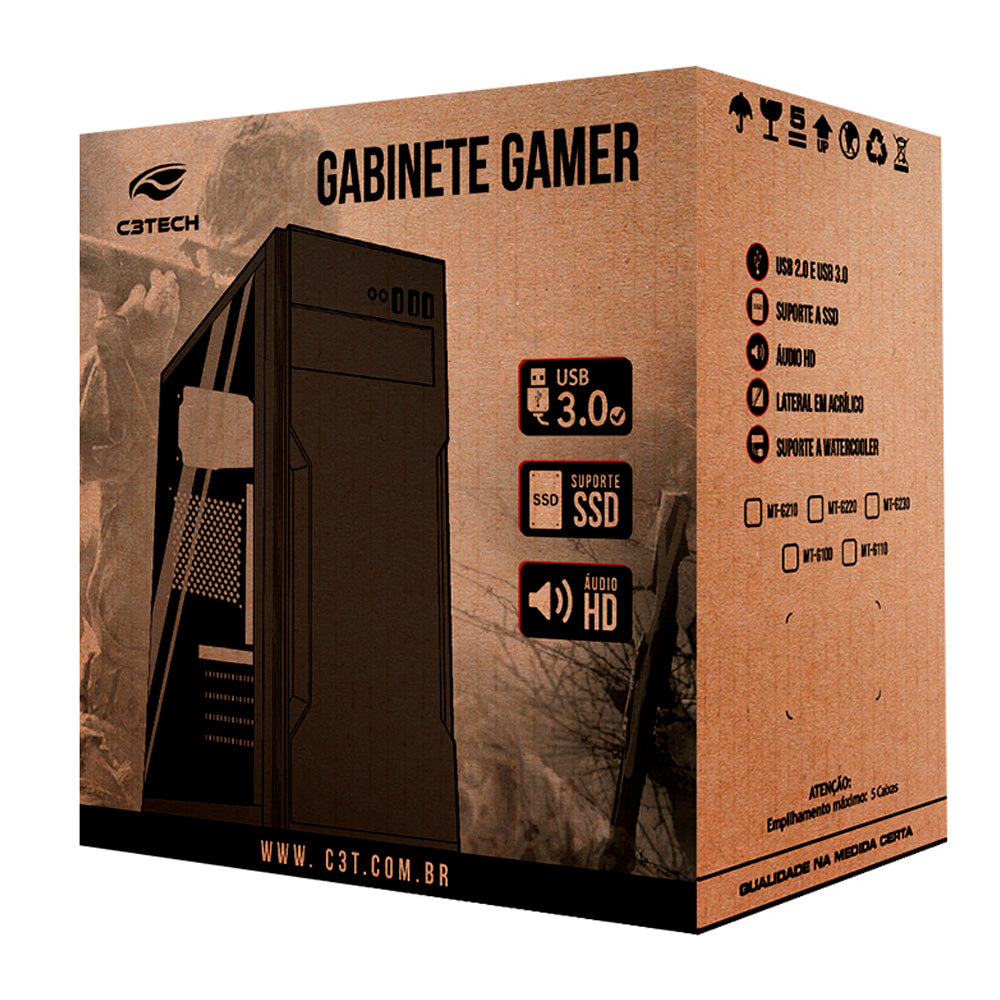 Gabinete Gamer C3Tech MT-G100BK Mid Tower, Lateral em Vidro Temperado, USB 2.0 + USB 3.0, s/Fonte - Preto