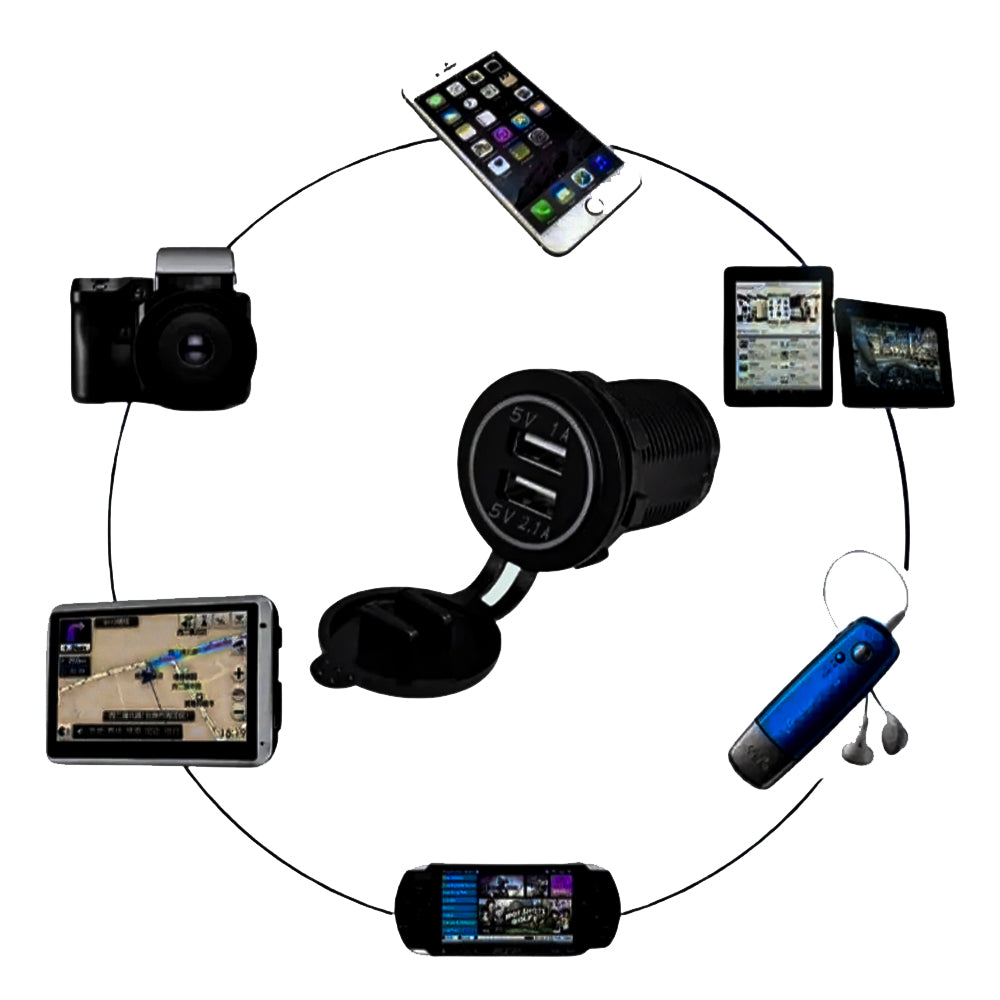 Tomada Carregador Veicular 12-24V, Com 2 Saídas de Carregamento, 1A e 2.1A, Preto