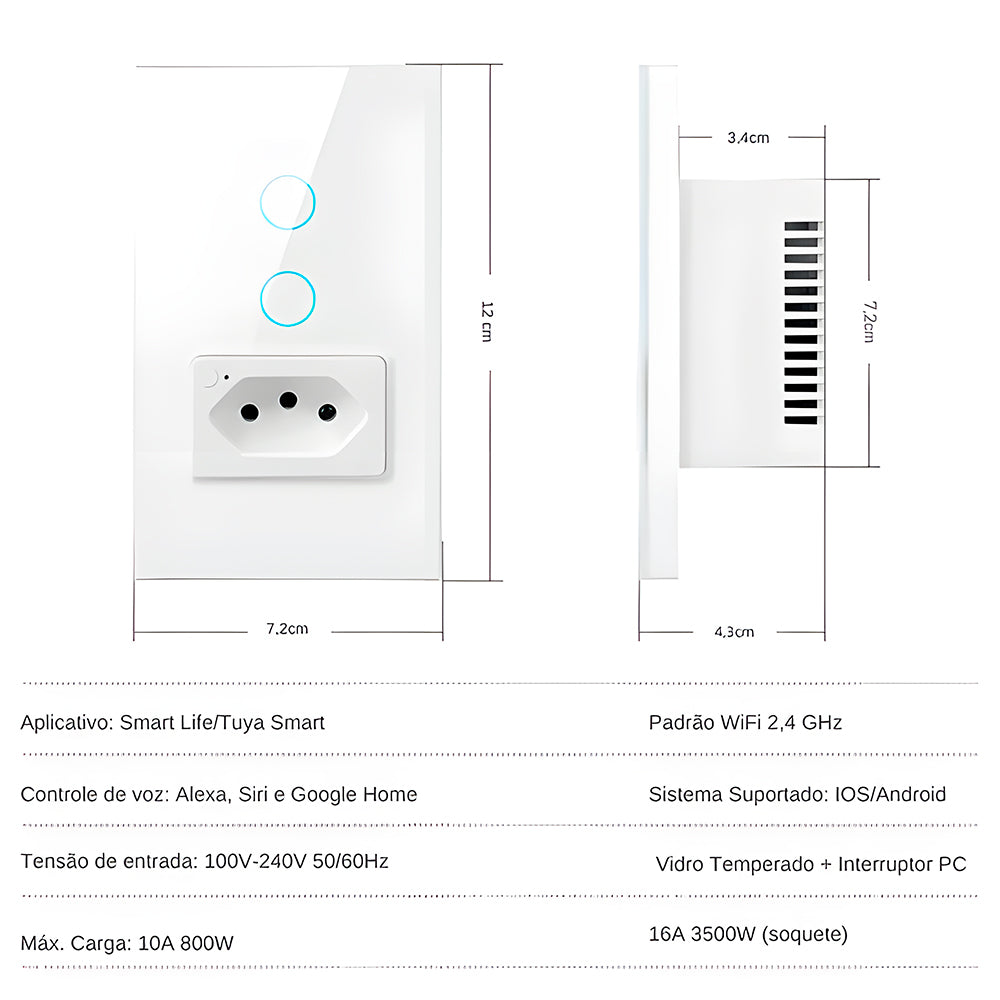 Interruptor Inteligente, Com Tomada, 2 Botões Touch, Wi-Fi, Compatível Com Alexa e Google Home, Avatto, Branco