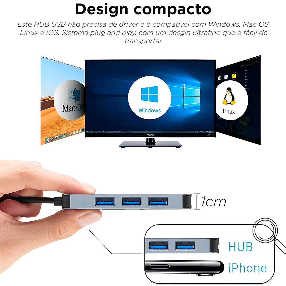 HUB USB 8 em 1, Com Leitor de Cartão, Porta USB-C, USB 3.0 / 2.0, Leitor de Cartão SD/TF, Cinza