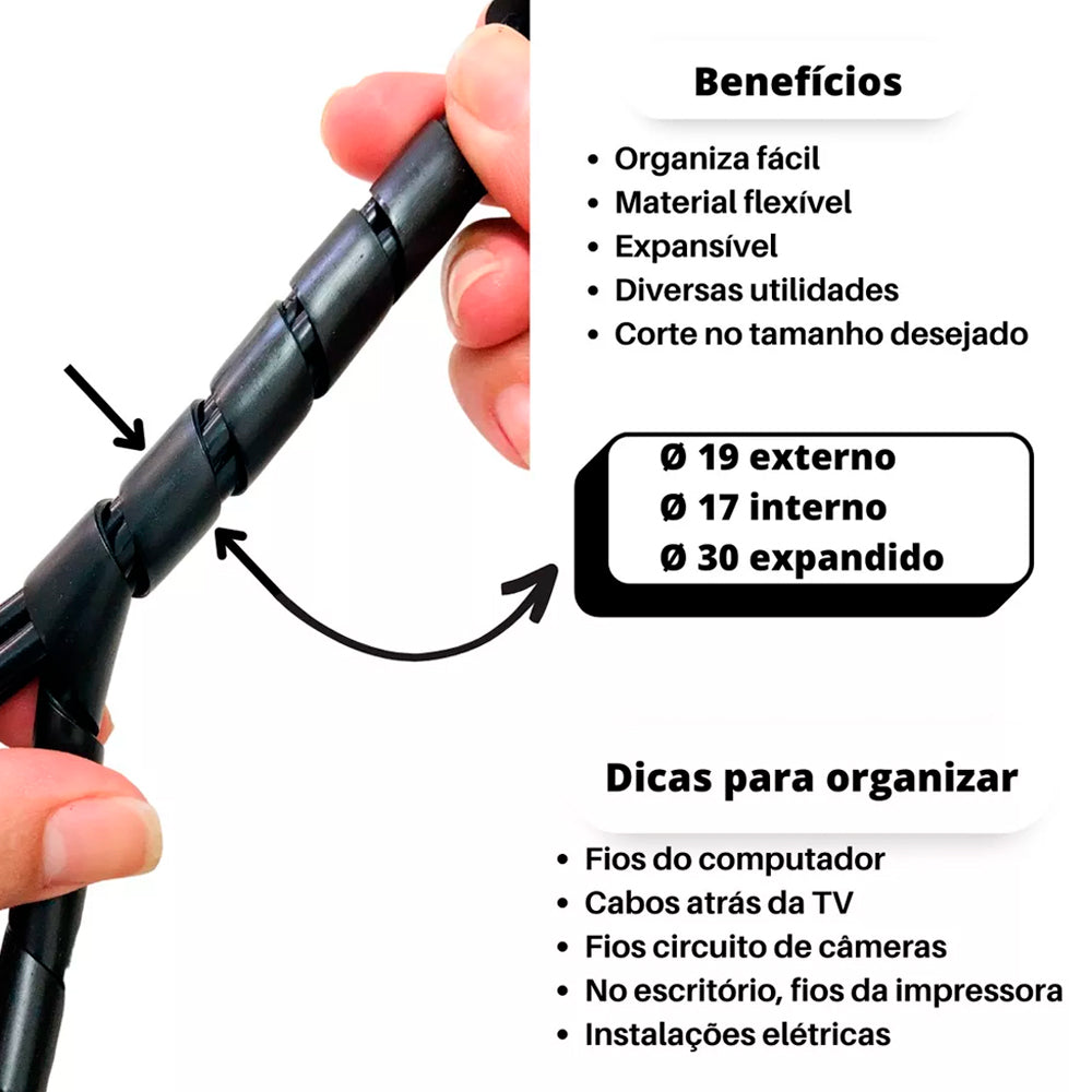 Organizador Espiral Para Cabos E Fios, Diametro 19mm X 2 Metros - Preto