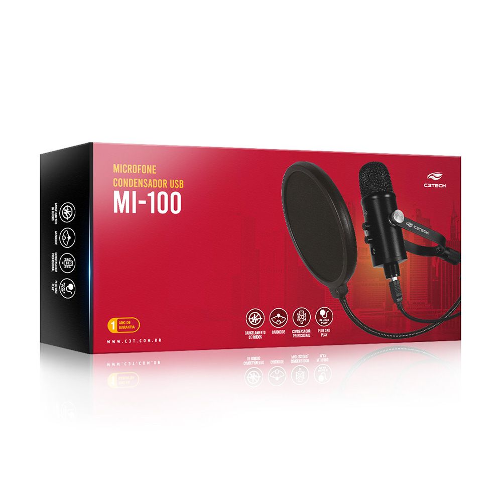 Microfone Streaming USB MI-100BK C3Tech, Condensador Cardioide para Streaming e Podcast, com Braço e Pop Filter