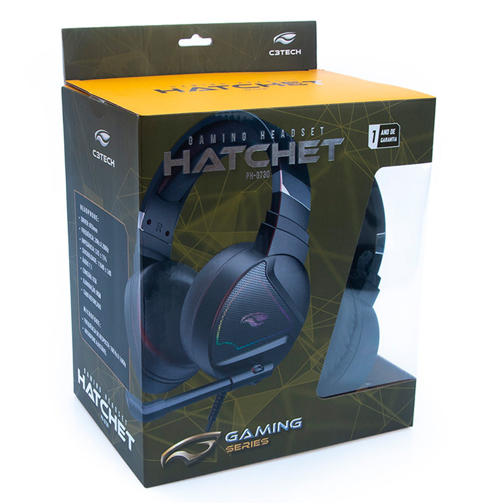 Headset Gamer USB Hatchet PH-G730BK C3Tech, Over-Ear, Microfone Integrado, Iluminação RGB, Áudio Virtual 7.1 - Preto