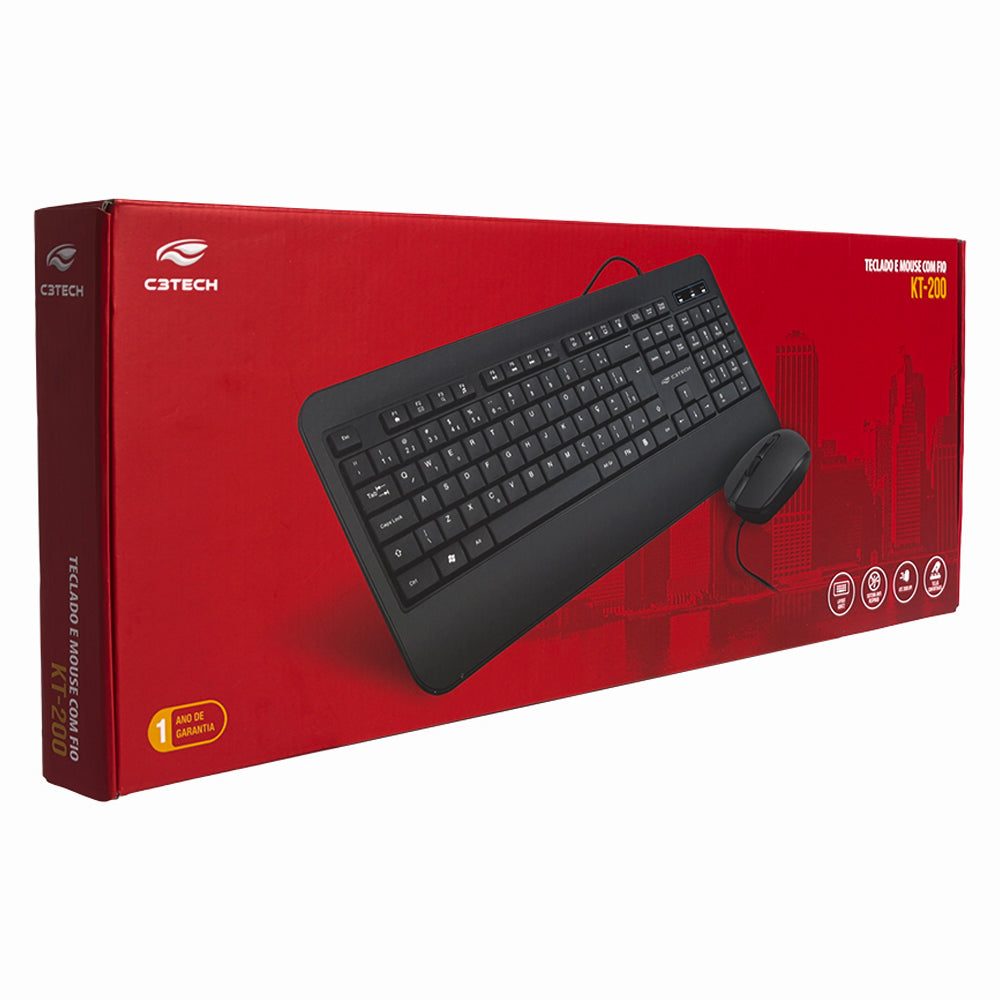 Kit Teclado e Mouse Com Fio USB, KT-200BK, Mouse 2.000 DPI, Teclado Membrana, C3Tech, Preto
