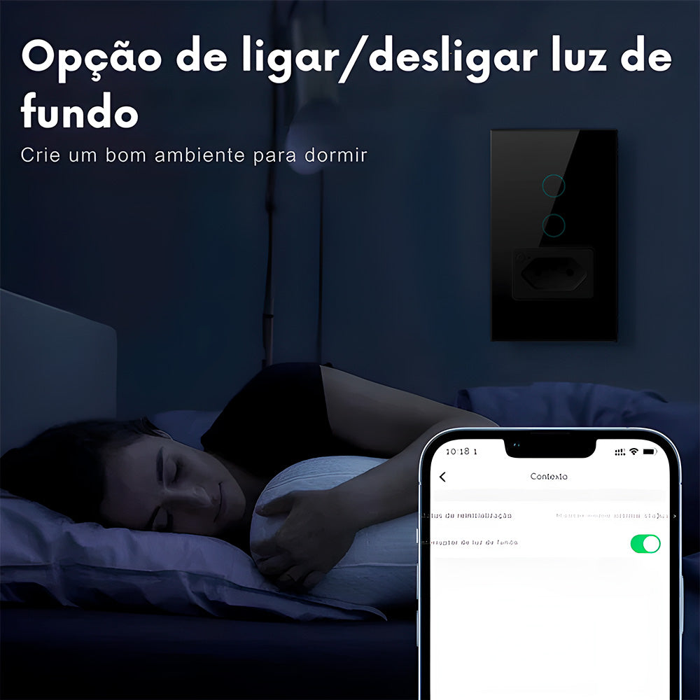 Interruptor Inteligente, Com Tomada, 2 Botões Touch, Wi-Fi, Compatível Com Alexa e Google Home, Avatto, Preto