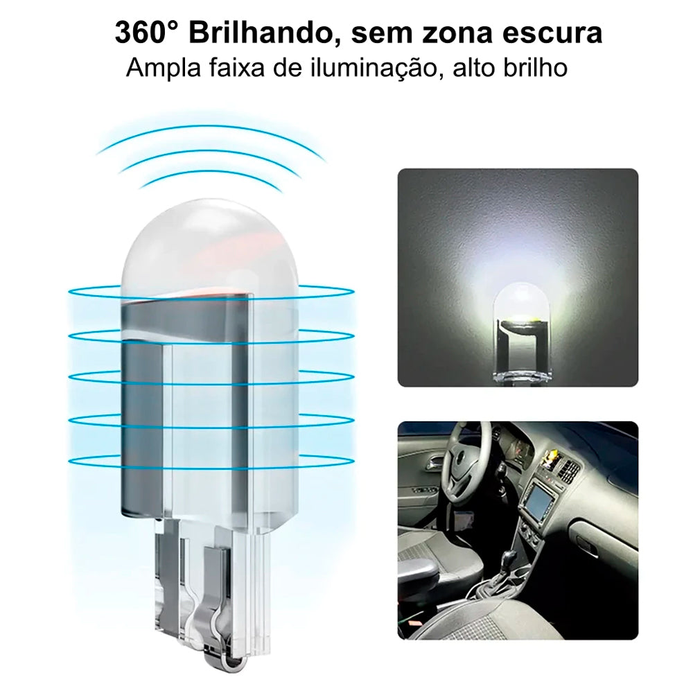 Kit 10 Peças Lâmpada LED Automotiva 6000K Lúmens T10 W5w COB 0.36W - Vermelha