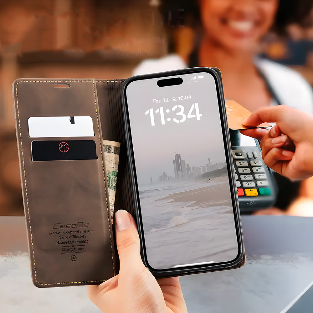 Capa Carteira Flip de Couro Para iPhone 16 Pro MAX, Magnética, Com Porta Cartões, Marrom