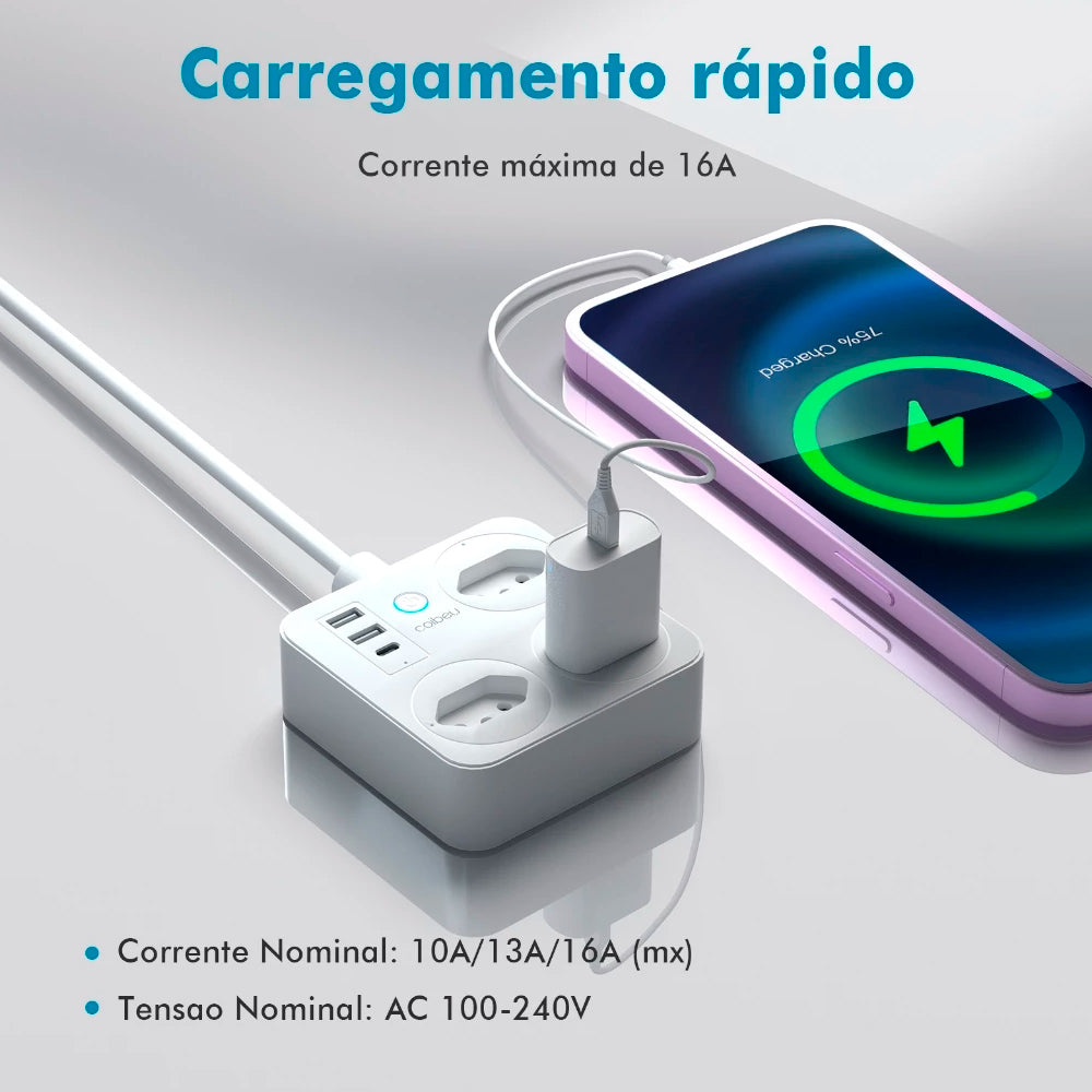 Extensão Inteligente, 3 Tomadas, 2 Entradas USB, 1 Entrada USB-C, Controle Por Voz, Compatível Alexa, Bivolt, Preto