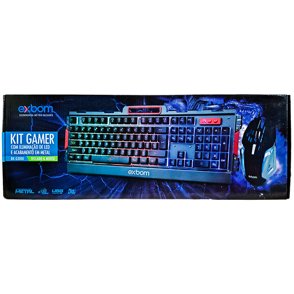 Kit Teclado e Mouse Gamer, iluminação de LED e Acabamento de Metal, ABNT 02511, EXBOM BK-G3000 - Preto
