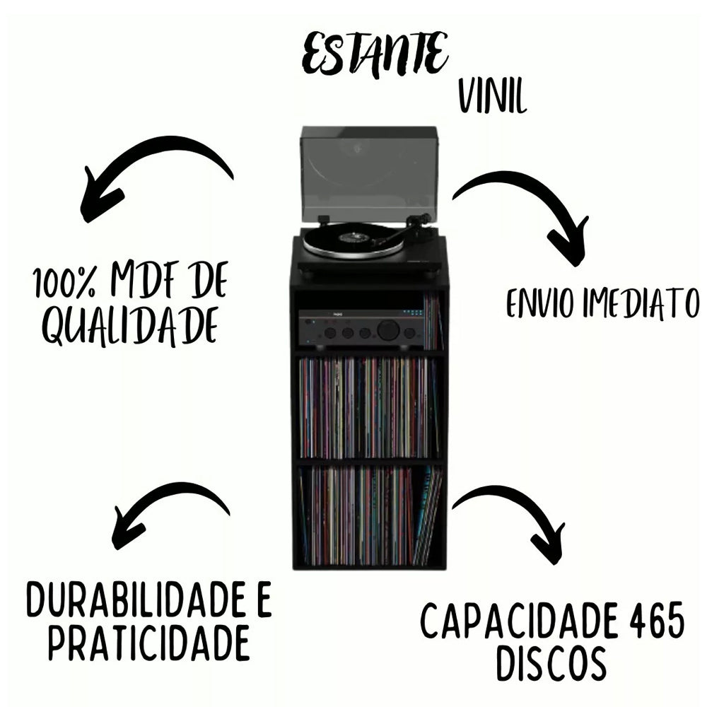 Estante Para Discos LP Vinil Retrô Preto - Pabimi