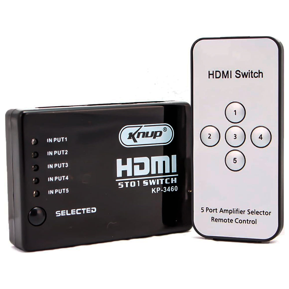 HUB Switch Chaveador HDMI 5 Entradas x 1 Saída, Splitter FHD com Controle Remoto, Knup KP-3460