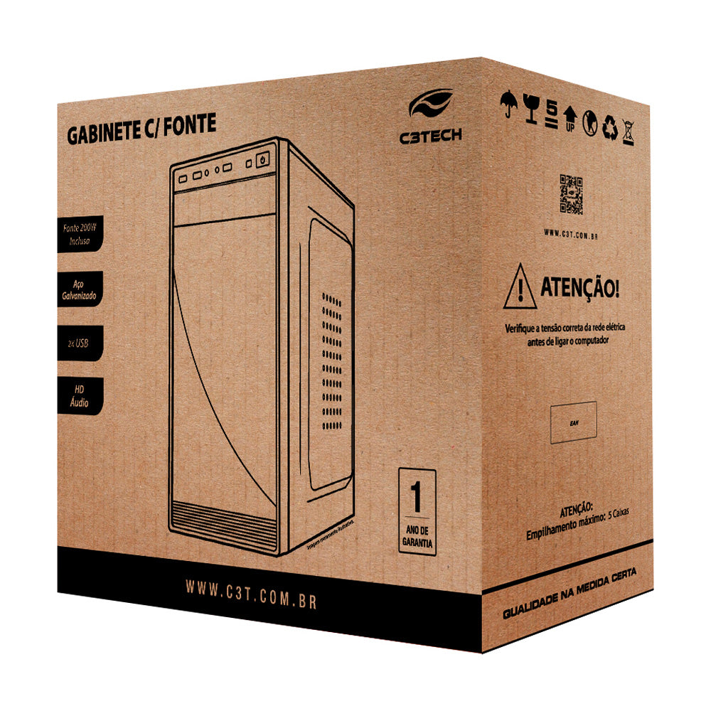 Gabinete Micro-ATX MT-35BK C3Tech com Fonte 200w Mid Tower, Frontal Com 2 USB, Preto