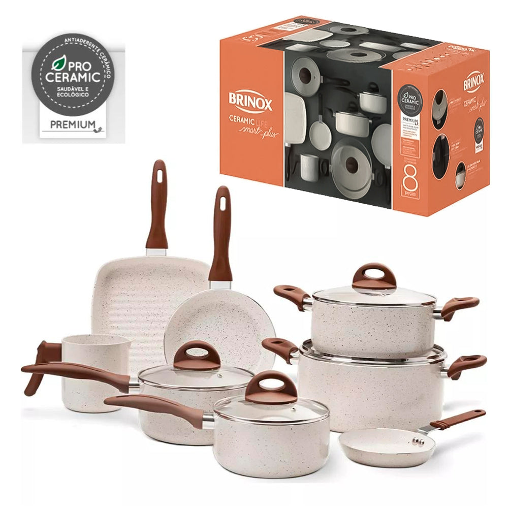 Conjunto de Panelas Brinox, Ceramic Life Smart Plus, Vanilla Com 8 Peças
