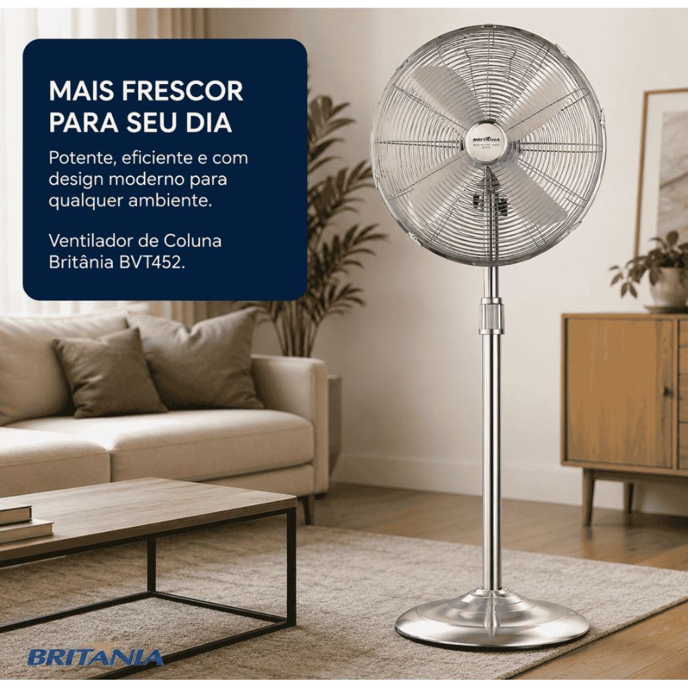 Ventilador de Coluna Britânia BVT452 Grade de 45cm Com 4 Pás, 3 Velocidades, 128W, 220V - Prata