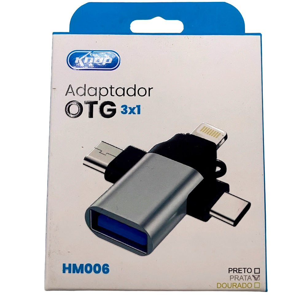 Adaptador OTG 3 em 1, USB 3.0 Para Tipo-C, Lightning e V8, KP-H006, Knup, Prata