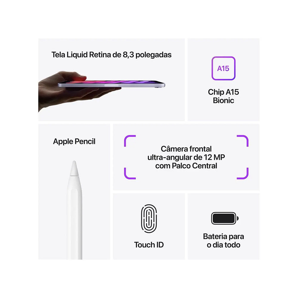 iPad Apple Mini, 6ª Geração, A15 Bionic, Tela 8.3'', Wi-Fi, 256GB, Luz das Estrelas, MK7V3BZ/A