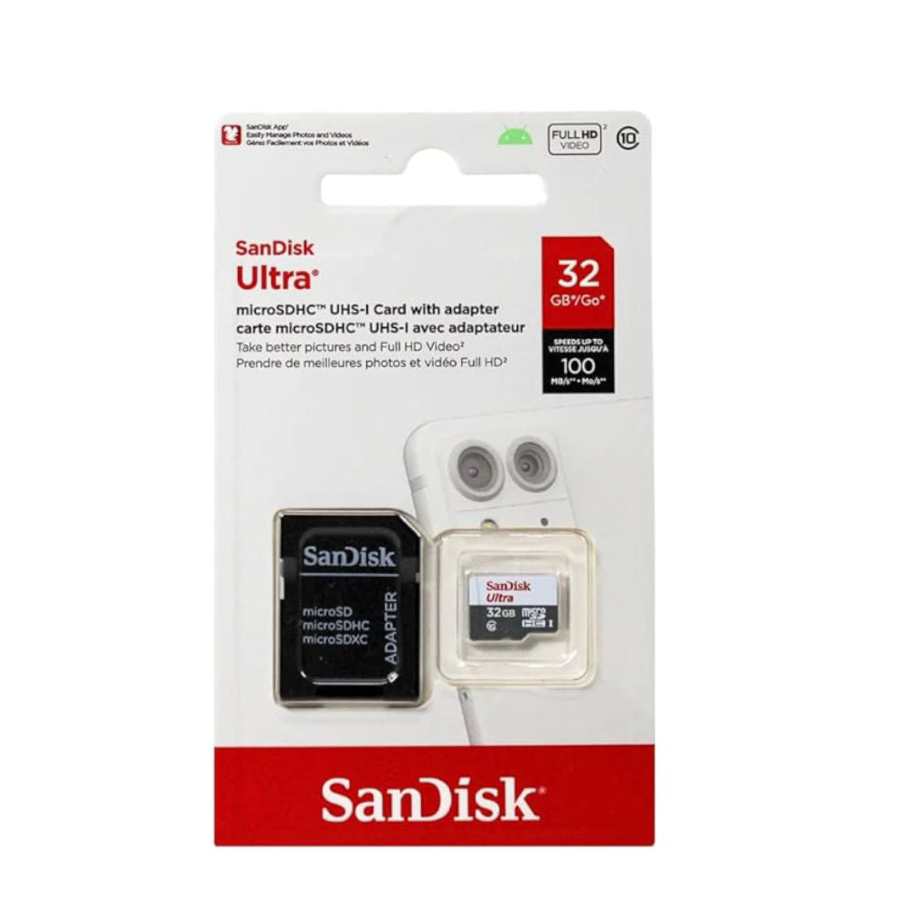 Cartão de Memória 32GB Sandisk Ultra MicroSDHC UHS-I 100MB/s Com Adaptador SDSQUNR-032G-GN3MA