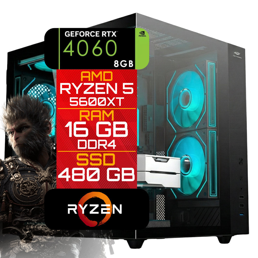 Computador Gamer Ryzen 5 5600XT RAM 16GB RTX 4060 8GB SSD 480GB DLSS 3 Fonte 500W 80Plus