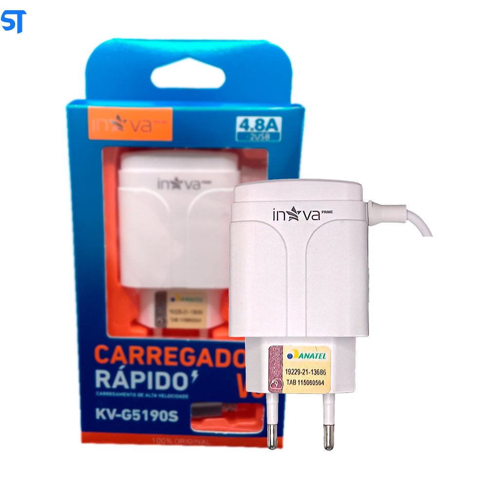 Carregador Rápido V8 Com Duas Portas USB 4.8A de Alta Potência Inova Branco - KV-G5190S
