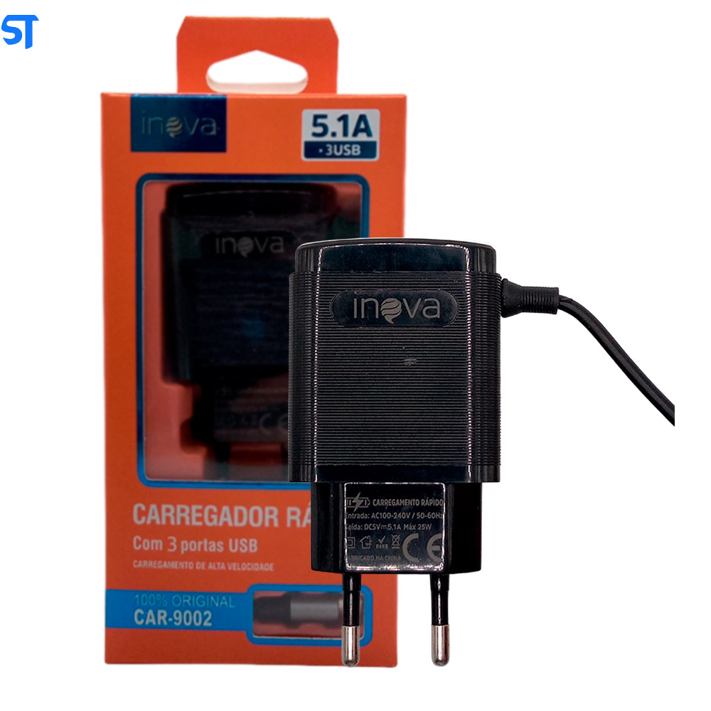 Carregador Rápido V8 Com 3 Portas USB 5.1A Com Carregamento de Alta Velocidade Inova Preto - CAR-9002