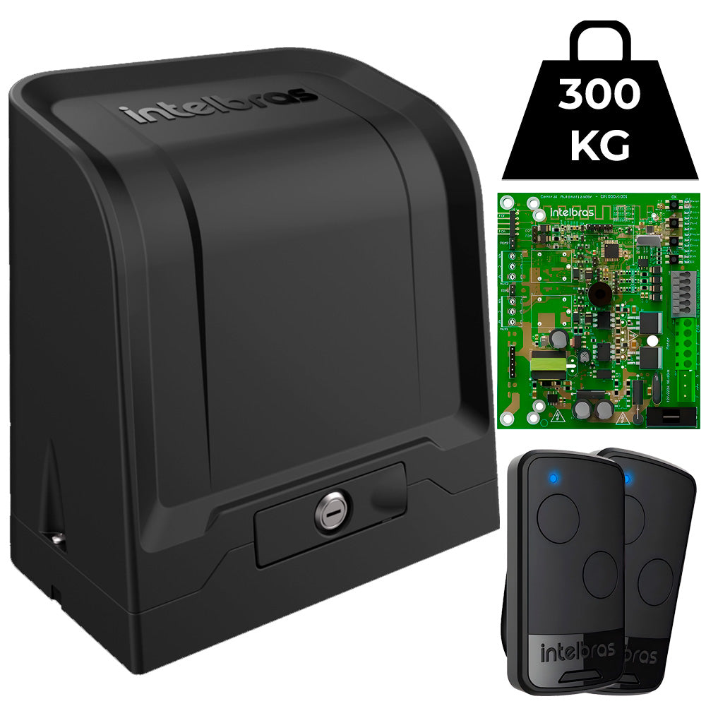 Motor Automatizador de Portão Intelbras DR 300 NY 220V, Suporta Portão Até 300KG, Com 2 Controles Placa Controladora