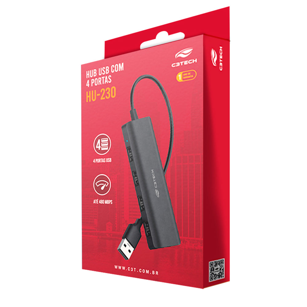 HUB USB 2.0, Com 4 Portas USB 2.0, HU-230BK, C3Tech, Plug and Play, Preto