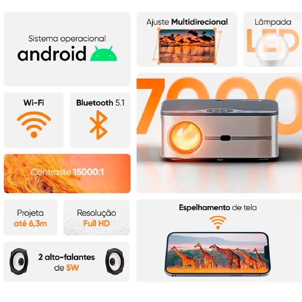 Projetor Smart 7000 Lúmens Full HD Goldentec com Wi-Fi, Bluetooth, Android e HDMI