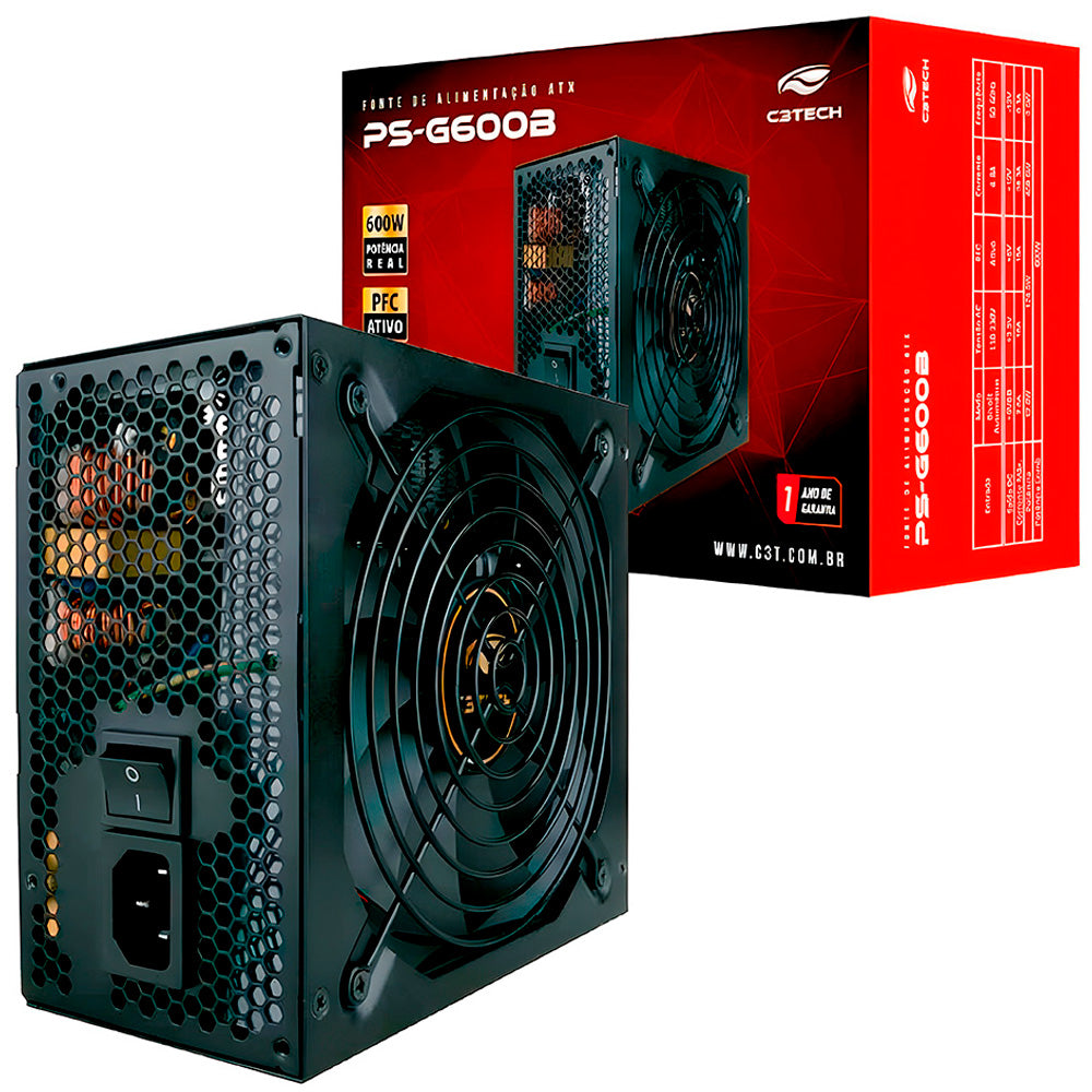 Fonte Gamer ATX 600W Real, PS-G600B, Selo 80 Plus Bronze, PFC Ativo, C3Tech