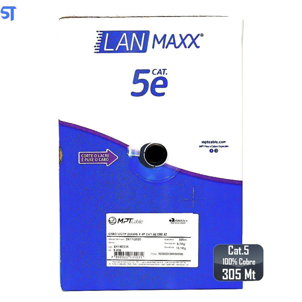 Caixa de Cabo de Rede Cat. 5E 100% Cobre LAN U/UTP 24AWGX4P LAN (305 Metros) Maxx Preto