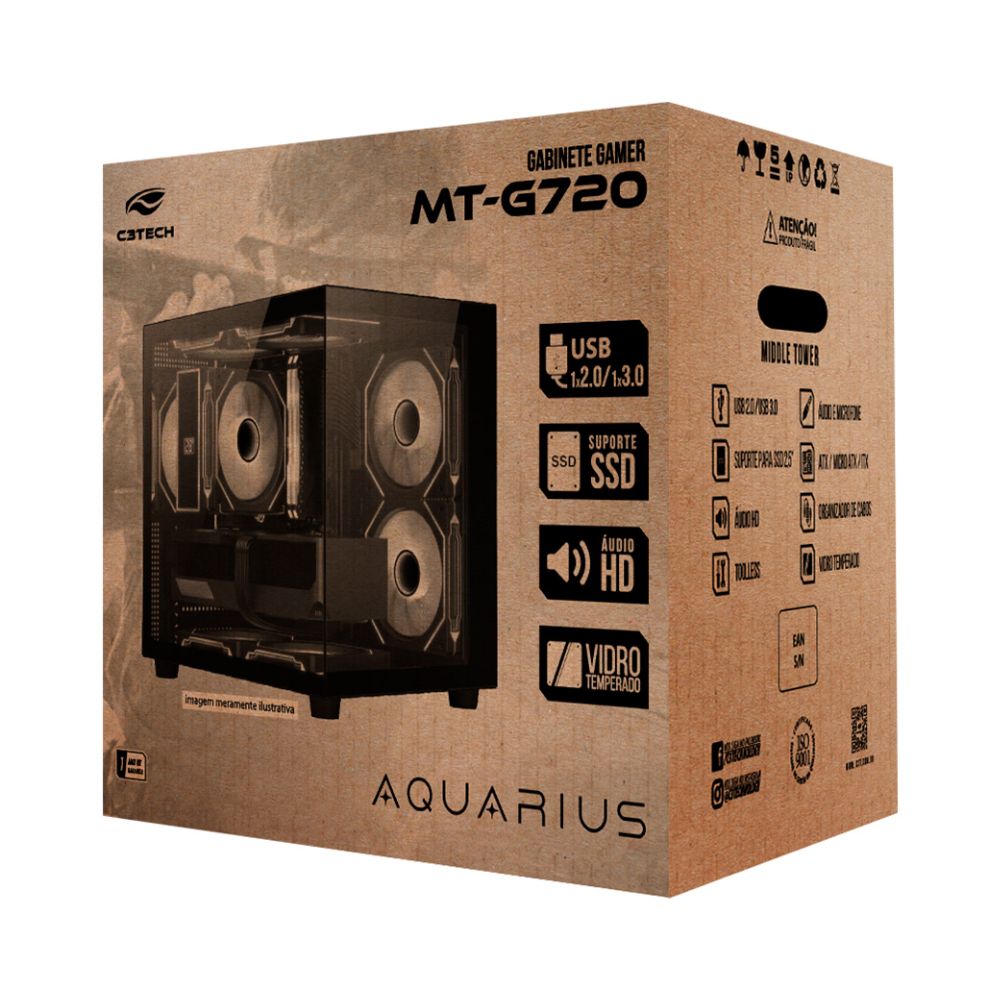 Gabinete Gamer C3Tech Aquarius MT-G720BK S/Fonte, Lateral em Vidro Temperado, Suporte Watercooler 240mm, mATX, Preto