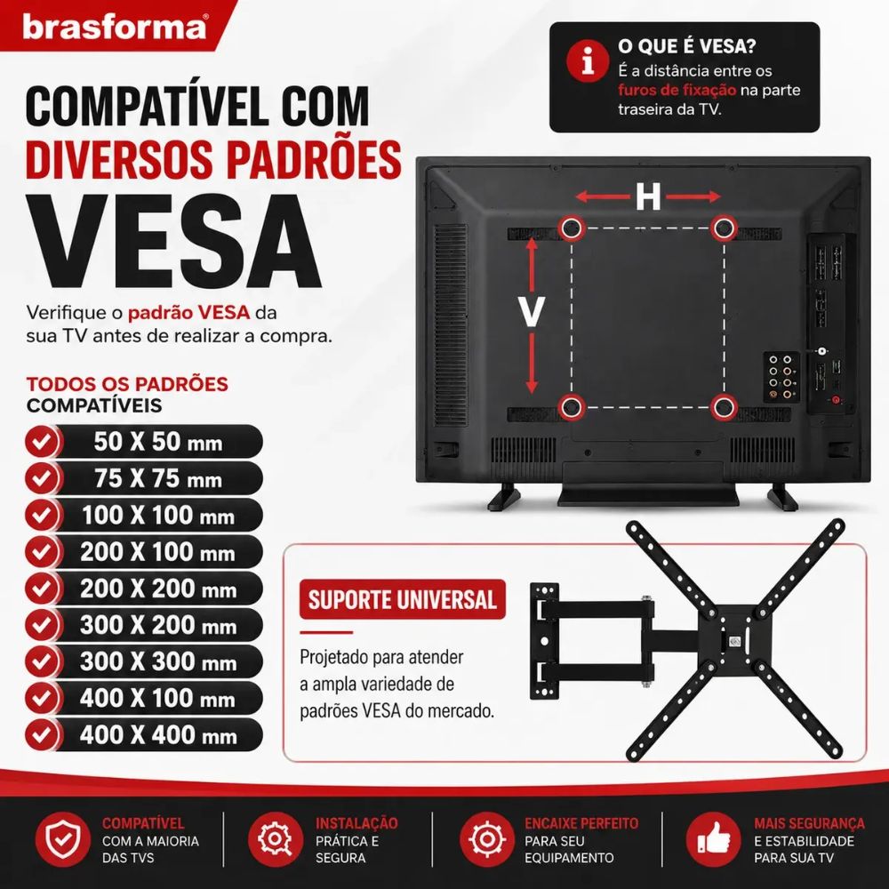 Suporte Para TV TRI-ARTICULADO de 10 A 60 Polegadas, BRA4.0 Brasforma