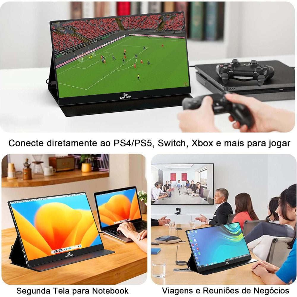 Monitor Portátil Grasep 15,6" Full HD IPS HDR10 USB-C HDMI Leve Versátil Para Trabalho Estudos E Jogos