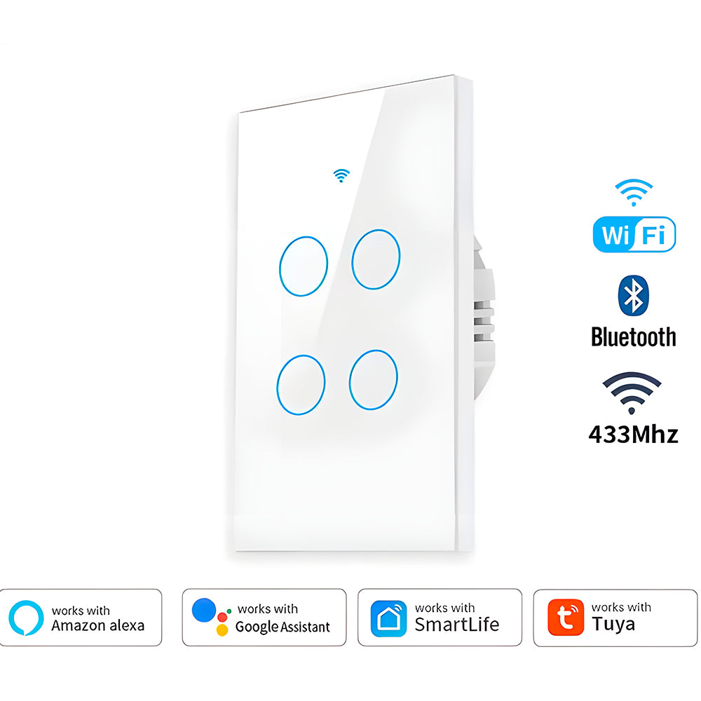 Interruptor De Parede Inteligente Com 4 Botões Touch, Compatível Com Alexa e Google Assistant, Tuya - Branco