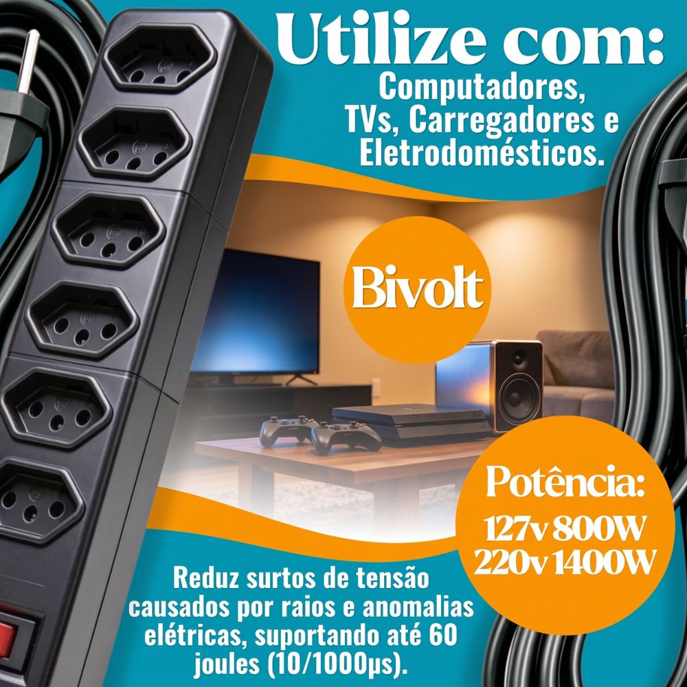 Filtro de Linha Régua Extensão Com 6 Tomadas 5 Metros, 10A Preto Bivolt Proteção Sobretensão