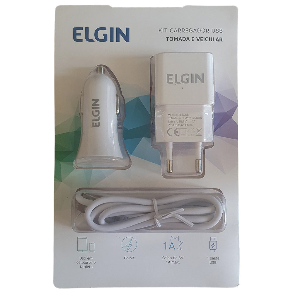 Carregador USB de Tomada + Carregador Veicular 1 Saída 1A 5W + Cabo MicroUSB de 1 Metro Elgin, 46RCK1USB00 Branco Bivolt