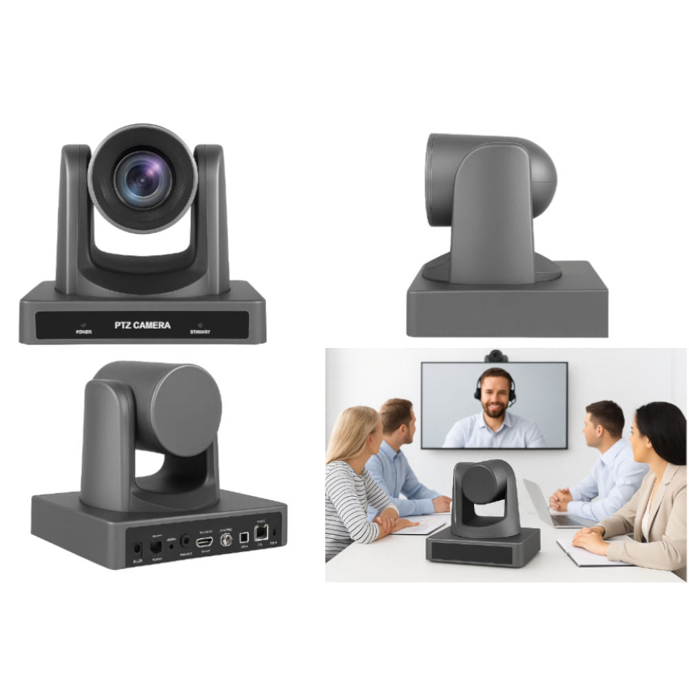 Câmera de Conferência PTZ 4K NDI Rastreamento Automático com IA, Zoom 20X, SDI, HDMI, IP, USB, POE - Cinza