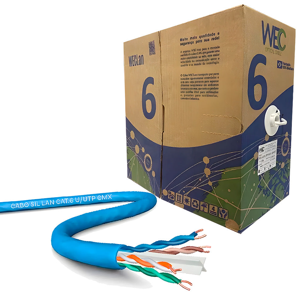 Caixa de Cabo de Rede CAT6, UTP 4P, 100% Cobre, 4PX24AWG, CM INT, WEC - Azul