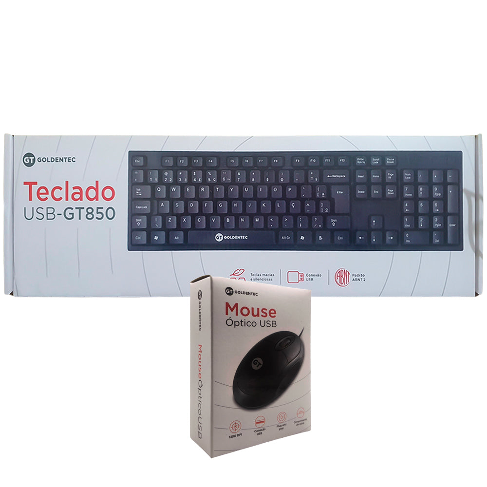 Kit Teclado e Mouse USB, 1.200 DPI, Slim Plug And Play Padrão ABNT2 Goldentec GT850 - Preto