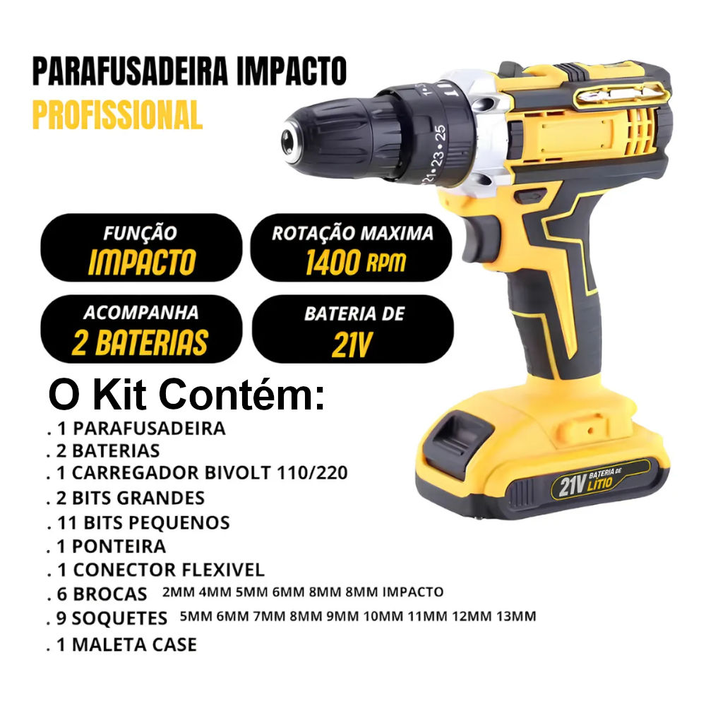Parafusadeira Furadeira De Impacto Profissional 21v TB-21PX 2 Baterias Sem Fio E Acessórios Com Maleta 60Hz Amarelo