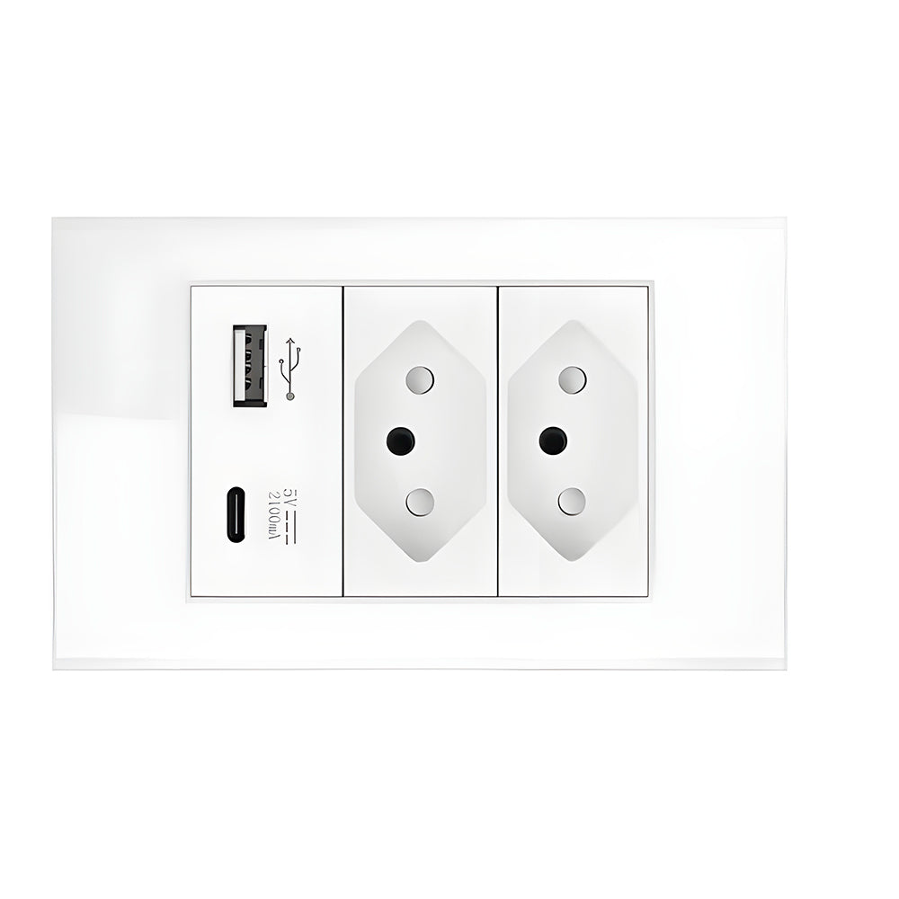 Tomada, Padrão Brasileiro, Com Uma Entrada USB e USB-C, 10A, Paínel Em Vidro Temperado - Branco